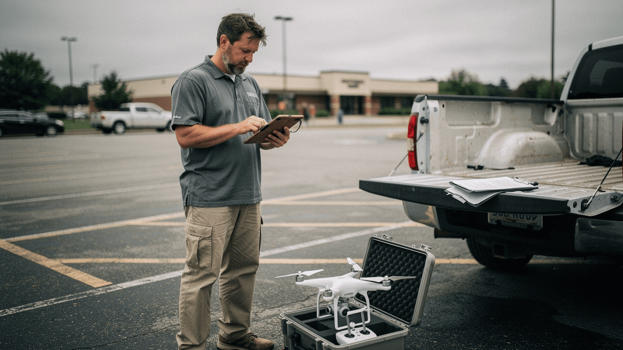 A commercial drone operator reviewing mission details beside field equipment