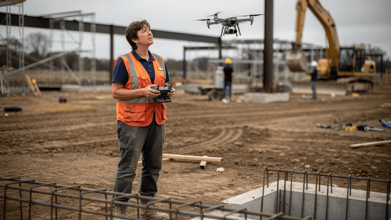 A commercial drone pilot operating at an active construction site